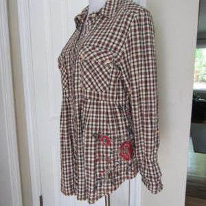 3 J Workshop JOHNNY WAS plaid flannel embroidered long sleeve tunic / dress Lrg